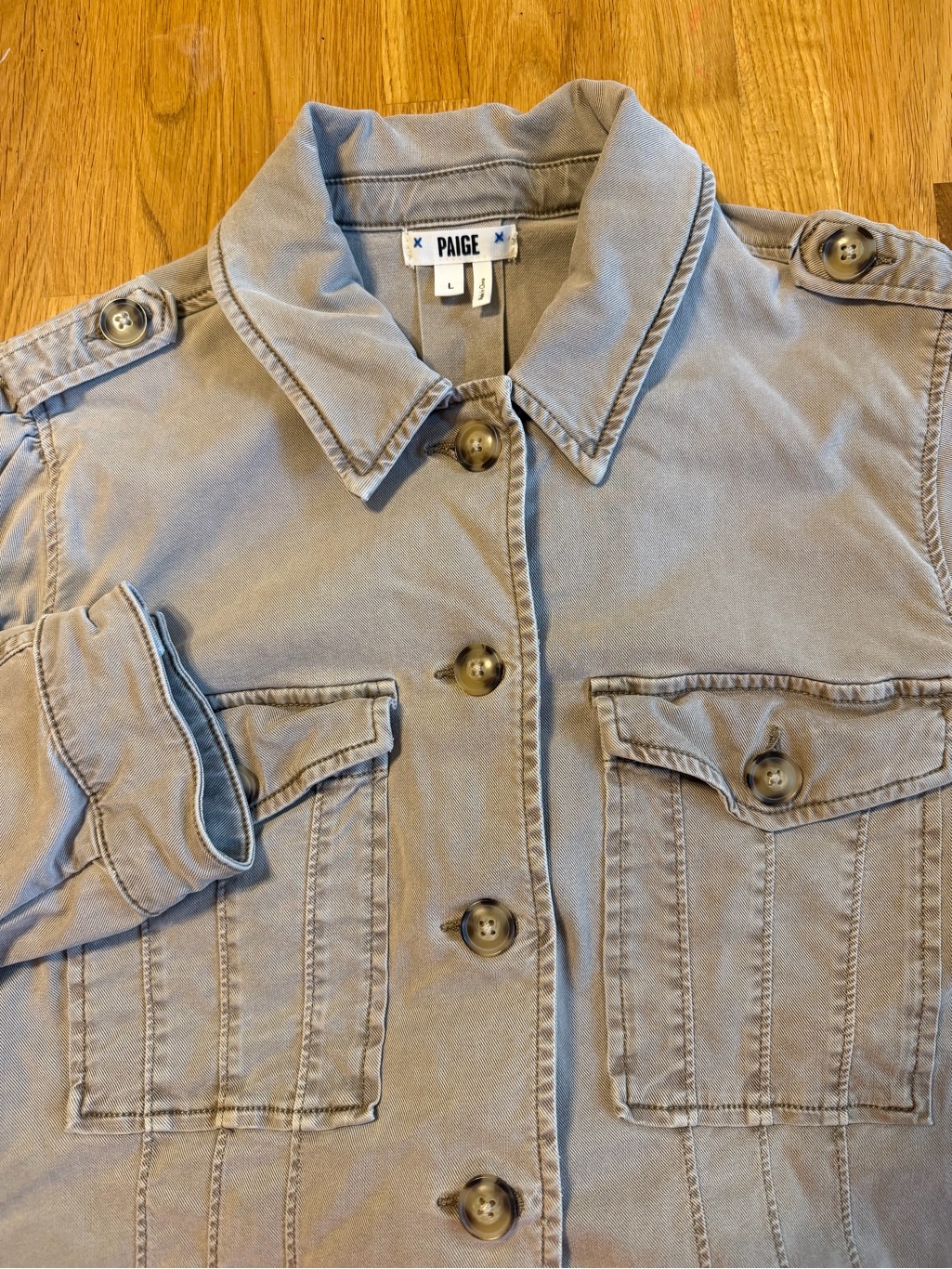 Paige Pacey Collared Jacket Vintage Moss Taupe Women’s L Large Stretch